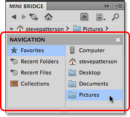 The Navigation Pod in the Mini Bridge in Photoshop CS5. Image © 2010 Steve Patterson, Photoshop Essentials.com