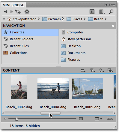 The Content Pod in the Filmstrip layout in Mini Bridge. Image © 2010 Steve Patterson, Photoshop Essentials.com
