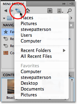 The Parent or Recent Files icon in Mini Bridge. Image © 2010 Steve Patterson, Photoshop Essentials.com