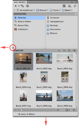 Resizing the Mini Bridge panel in Photoshop CS5. Image © 2010 Steve Patterson, Photoshop Essentials.com