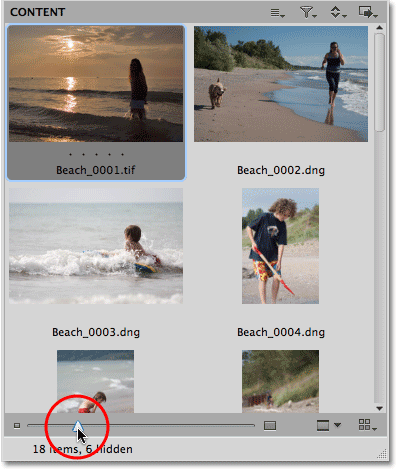 The thumbnail slider below the Content Pod in Mini Bridge. Image © 2010 Steve Patterson, Photoshop Essentials.com