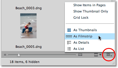 Selecting the View as Filmstrip layout in Mini Bridge. Image © 2010 Steve Patterson, Photoshop Essentials.com