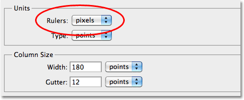 Changing the Rulers unit of measurement to Pixels in the Preferences in Photoshop CS5. Image © 2010 Steve Patterson, Photoshop Essentials.com