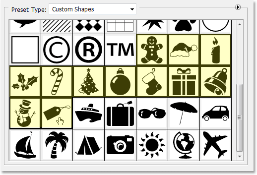 Adobe Photoshop tutorial image: Selecting the Holiday shapes in the Preset Manager.