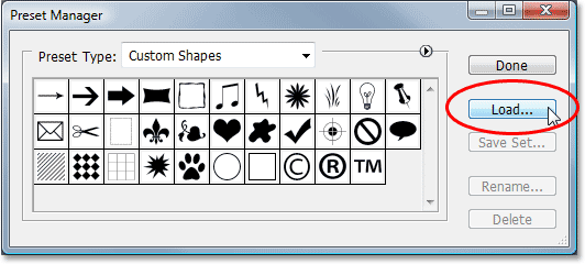 Adobe Photoshop tutorial image: Clicking the 'Load' button on the right of the Preset Manager.