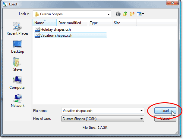 Adobe Photoshop tutorial image: Loading the 'Vacation shapes' set.