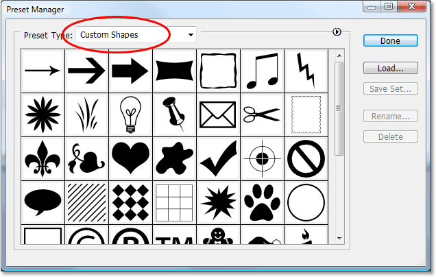 Adobe Photoshop tutorial image: Choosing 'Custom Shapes' in the Preset Manager in Photoshop.