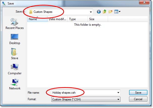 Adobe Photoshop tutorial image: Naming my shape set 'Holiday shapes' and saving it in a 'Custom Shapes' folder on my desktop.