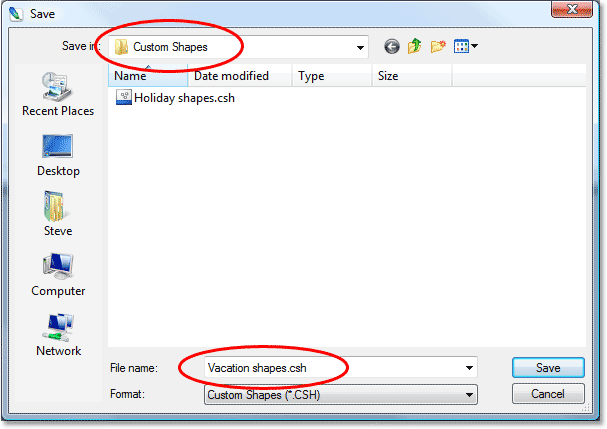 Adobe Photoshop tutorial image: Naming the new set 'Vacation shapes' and saving it in the 'Custom Shapes' folder on the desktop.