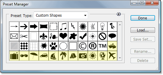 Adobe Photoshop tutorial image: The Vacation shape set has now been loaded into Photoshop and is ready for use.