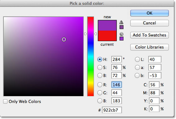 Choosing a new color for the custom shape from the Color Picker in Photoshop. Image © 2011 Photoshop Essentials.com