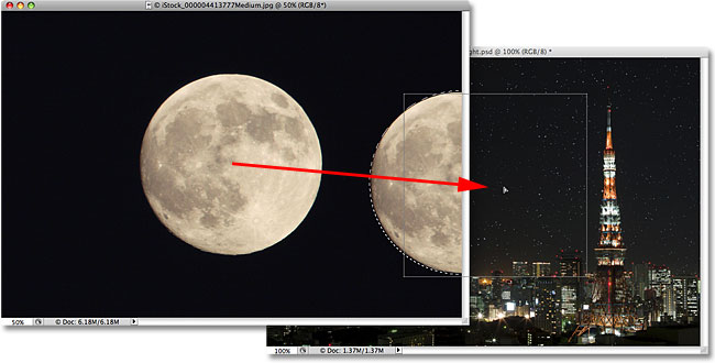 Dragging a selection from one image to another in Photoshop. Image © 2009 Photoshop Essentials.com