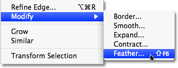 Choosing the Feather command in Photoshop CS4. Image © 2009 Photoshop Essentials.com