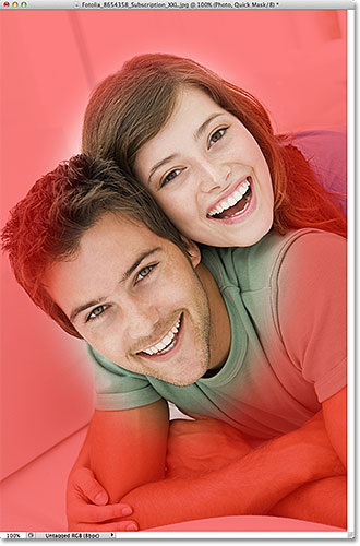 The Quick Mask overlay edges are now softer and feathered. Image © 2011 Photoshop Essentials.com
