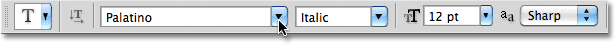 Photoshop font options in the Options Bar. Image © 2011 Photoshop Essentials.com