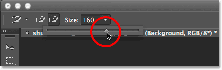 The Brush Size slider in the Options Bar.