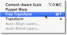 Selecting the Free Transform command in Photoshop. Image © 2010 Photoshop Essentials.com