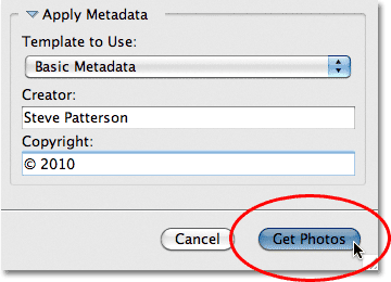 The Get Photos button in the Photo Downloader in Adobe Bridge CS5. Image © 2011 Photoshop Essentials.com.