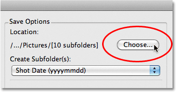 The Save Location option in the Photo Downloader in Adobe Bridge CS5. Image © 2011 Photoshop Essentials.com.
