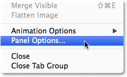 Selecting Panel Options from the Layers panel menu. Image © 2014 Steve Patterson, Photoshop Essentials.com