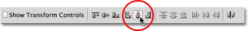 The Align Horizontal Centers option in the Options Bar in Photoshop. Image © 2011 Photoshop Essentials.com