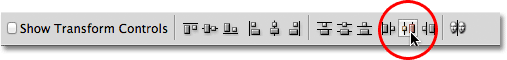 The Distribute horizontal centers option in the Options Bar in Photoshop. Image © 2011 Photoshop Essentials.com