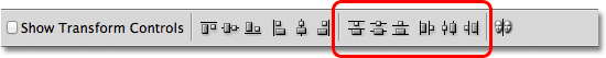 The Distribute options in the Options Bar in Photoshop. Image © 2011 Photoshop Essentials.com