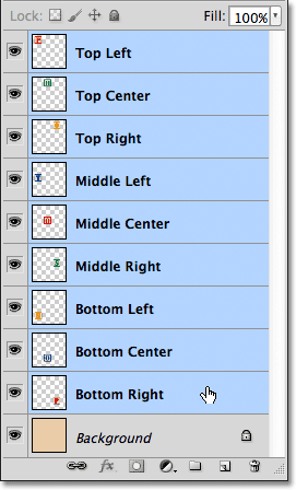 Selecting all the blocks layers in the Layers panel. Image © 2011 Photoshop Essentials.com
