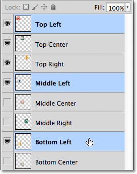 Selecting the Top Left, Middle Left and Bottom Left layers in the Layers panel. Image © 2011 Photoshop Essentials.com