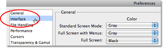 Photoshop Interface preferences category. Image © 2011 Photoshop Essentials.com