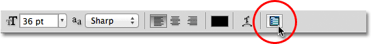 The Character and Paragraph panels toggle icon in the Options Bar in Photoshop. Image © 2011 Photoshop Essentials.com
