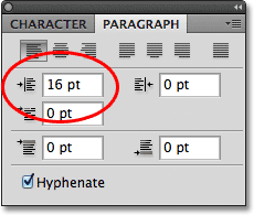 Increasing the Indent Left Margin option. Image © 2011 Photoshop Essentials.com