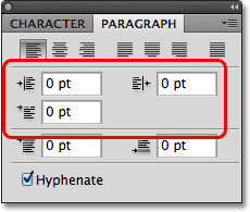 The Indent Left Margin, Indent Right Margin and Indent First Line options in the Paragraph panel in Photoshop. Image © 2011 Photoshop Essentials.com