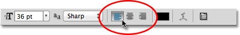 The text alignment options in the Options Bar in Photoshop. Image © 2011 Photoshop Essentials.com