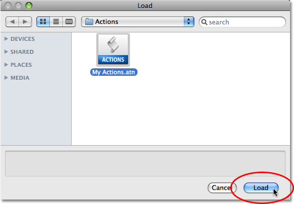 Selecting the action set to load into Photoshop. Image copyright © 2008 Photoshop Essentials.com