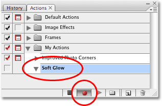 The action appears in the Actions palette and the Record icon turns red. Image copyright © 2008 Photoshop Essentials.com