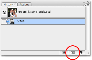Clicking on the 'New Snapshot' icon at the bottom of the History palette in Photoshop. Image copyright © 2008 Photoshop Essentials.com