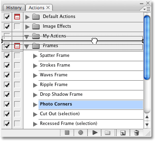 Dragging and copying an action from one action set to another. Image copyright © 2008 Photoshop Essentials.com