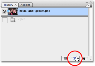 Clicking on the 'New Snapshot' icon at the bottom of the History palette in Photoshop. Image copyright © 2008 Photoshop Essentials.com