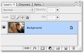 The Layers palette in Photoshop showing the Background layer. Image copyright © 2008 Photoshop Essentials.com