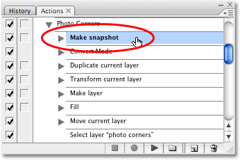 Playing the 'Make snapshot' step in the Actions palette. Image copyright © 2008 Photoshop Essentials.com