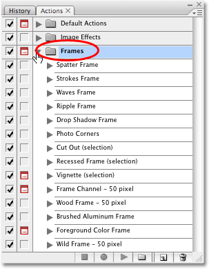 The Actions palette in Photoshop displaying the actions found inside of the Frames action set. Image copyright © 2008 Photoshop Essentials.com