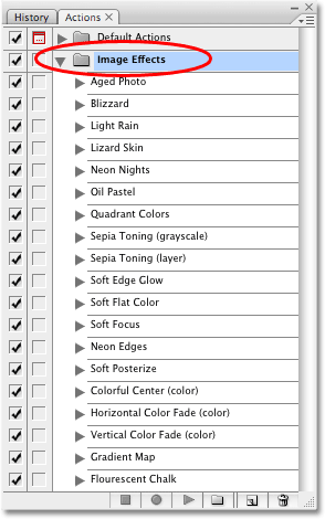The Image Effects action set is now loaded into Photoshop. Image copyright © 2008 Photoshop Essentials.com