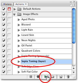 Selecting and playing the Sepia Toning action. Image copyright © 2008 Photoshop Essentials.com