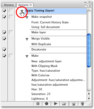 Viewing the details of the Sepia Toning action in the Layers palette. Image copyright © 2008 Photoshop Essentials.com