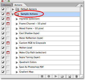 The 'Sample Actions' action set in Photoshop CS2. Image copyright © 2008 Photoshop Essentials.com
