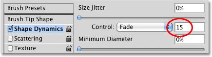 Lowering the number of Fade steps to 15. Image © 2010 Photoshop Essentials.com