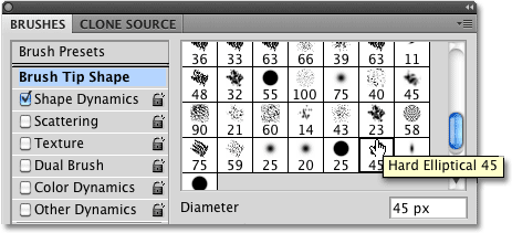 Choosing the Hard Elliptical 45 pixel brush from the Brushes panel in Photoshop. Image © 2010 Photoshop Essentials.com