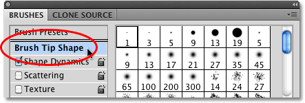 The Brush Tip Shape options in the Brushes panel in Photoshop. Image © 2010 Photoshop Essentials.com