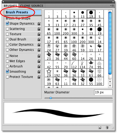 The Brushes panel in Photoshop. Image © 2010 Photoshop Essentials.com